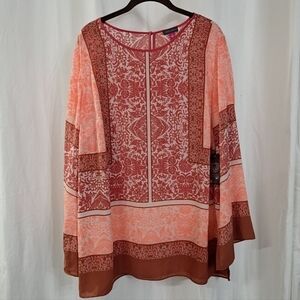 Vince Camuto 1X 14/16 Bohemian Bell Sleeve Georgette Tunic Top Blouse Boho